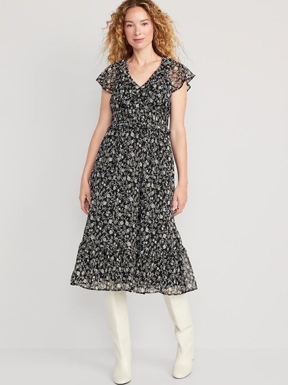 OLD NAVY | Waist-Defined Flutter-Sleeve Midi Dress Sz M